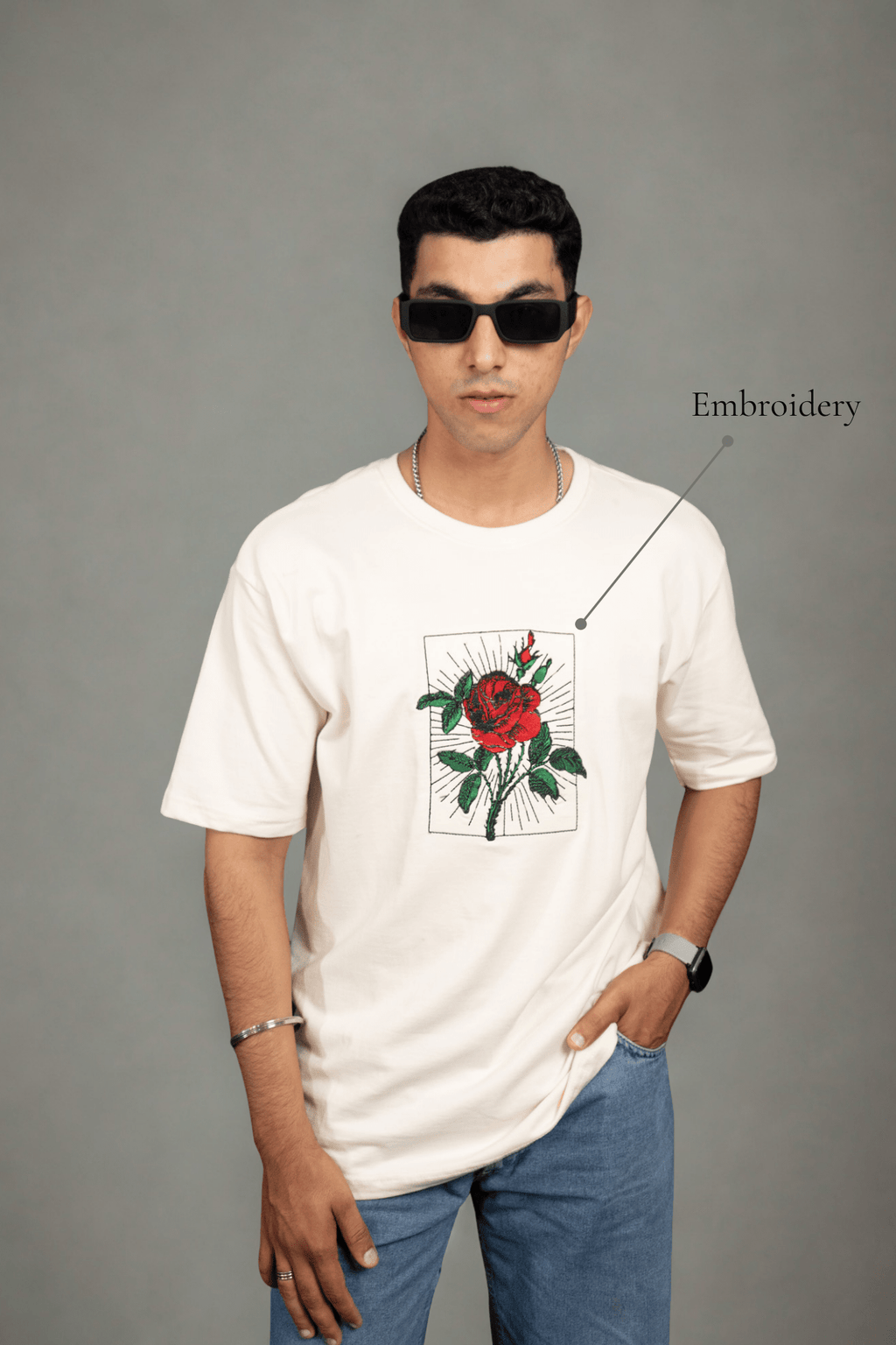 Crimson Bloom Embroidered Over Size White T-shirt (Unisex) - Albin FashionT-shirtAlbin Fashion
