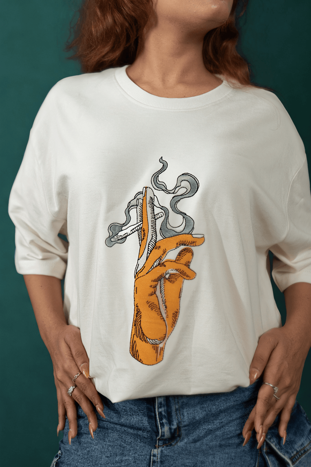 Echo Flame Embroidered Over Size Off White T-shirt (Unisex) - Albin FashionT-shirtAlbin Fashion