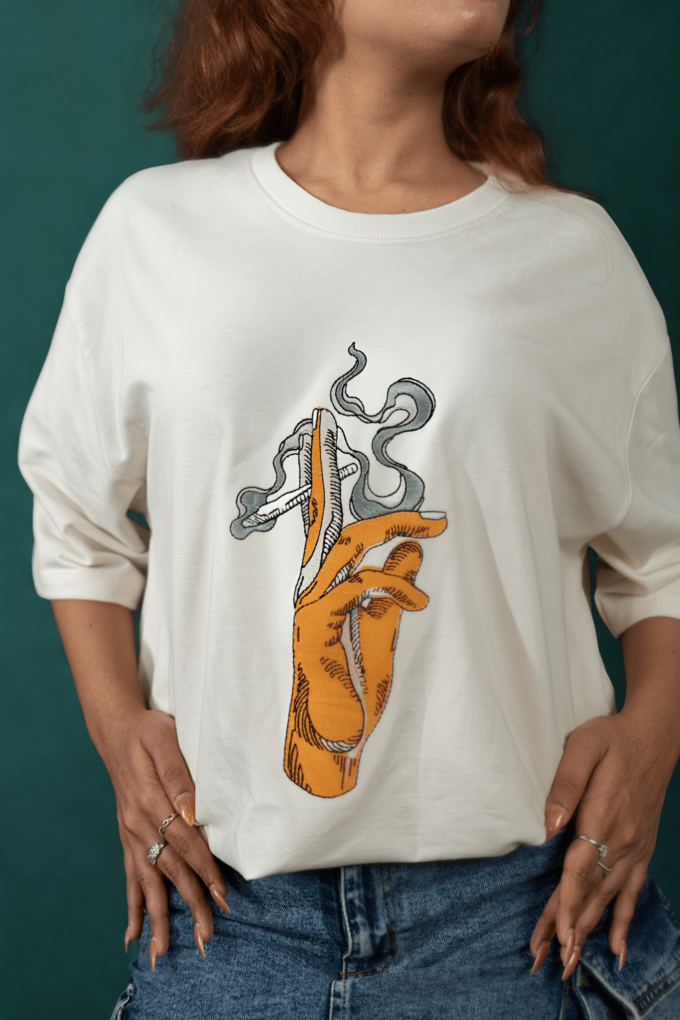 Echo Flame Embroidered Over Size Off White T-shirt (Unisex) - Albin FashionT-shirtAlbin Fashion