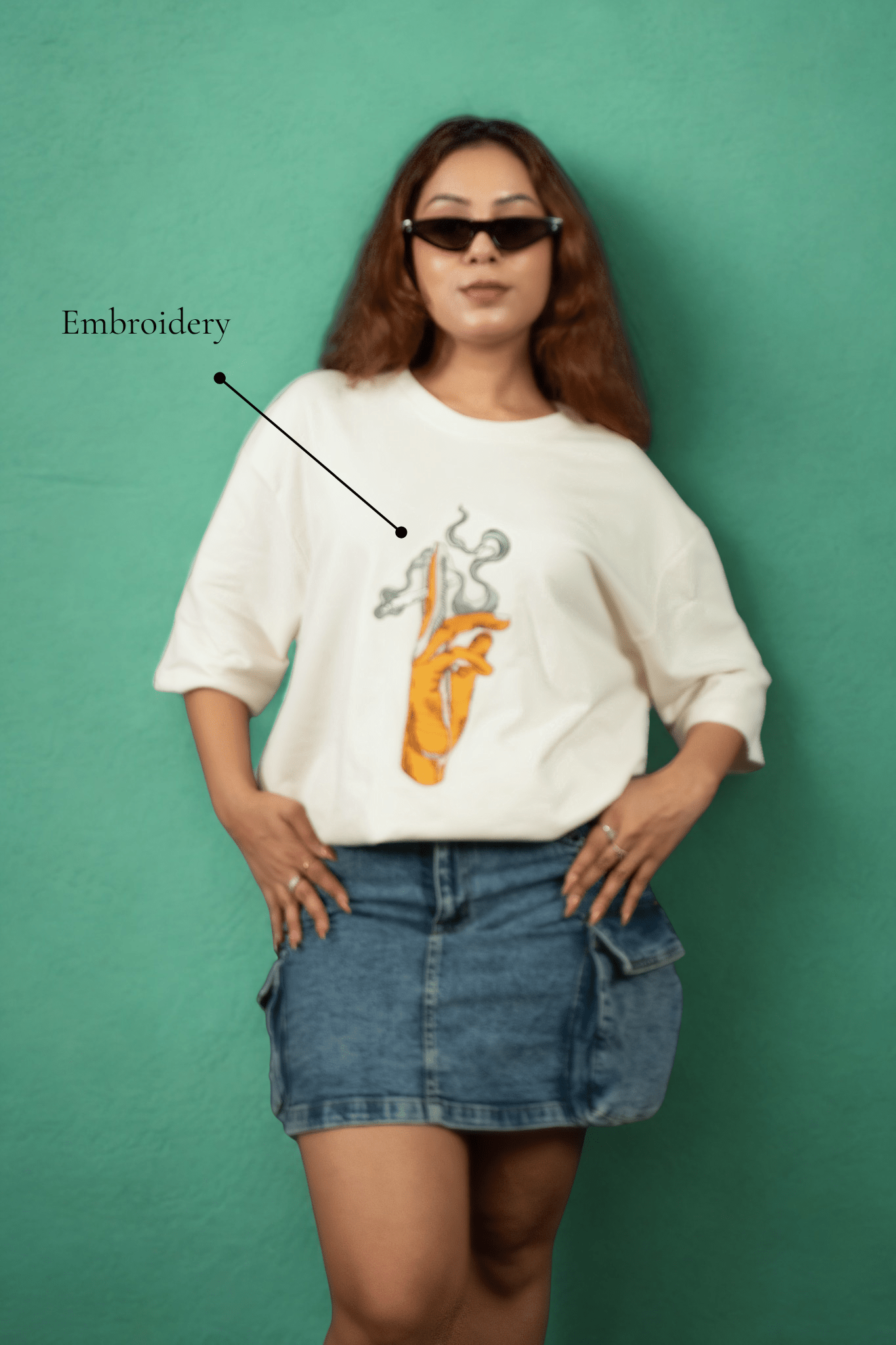 Echo Flame Embroidered Over Size Off White T-shirt (Unisex) - Albin FashionT-shirtAlbin Fashion