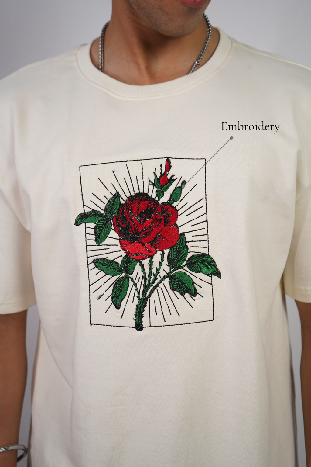 Crimson Bloom Embroidered Over Size T-shirt (Unisex)