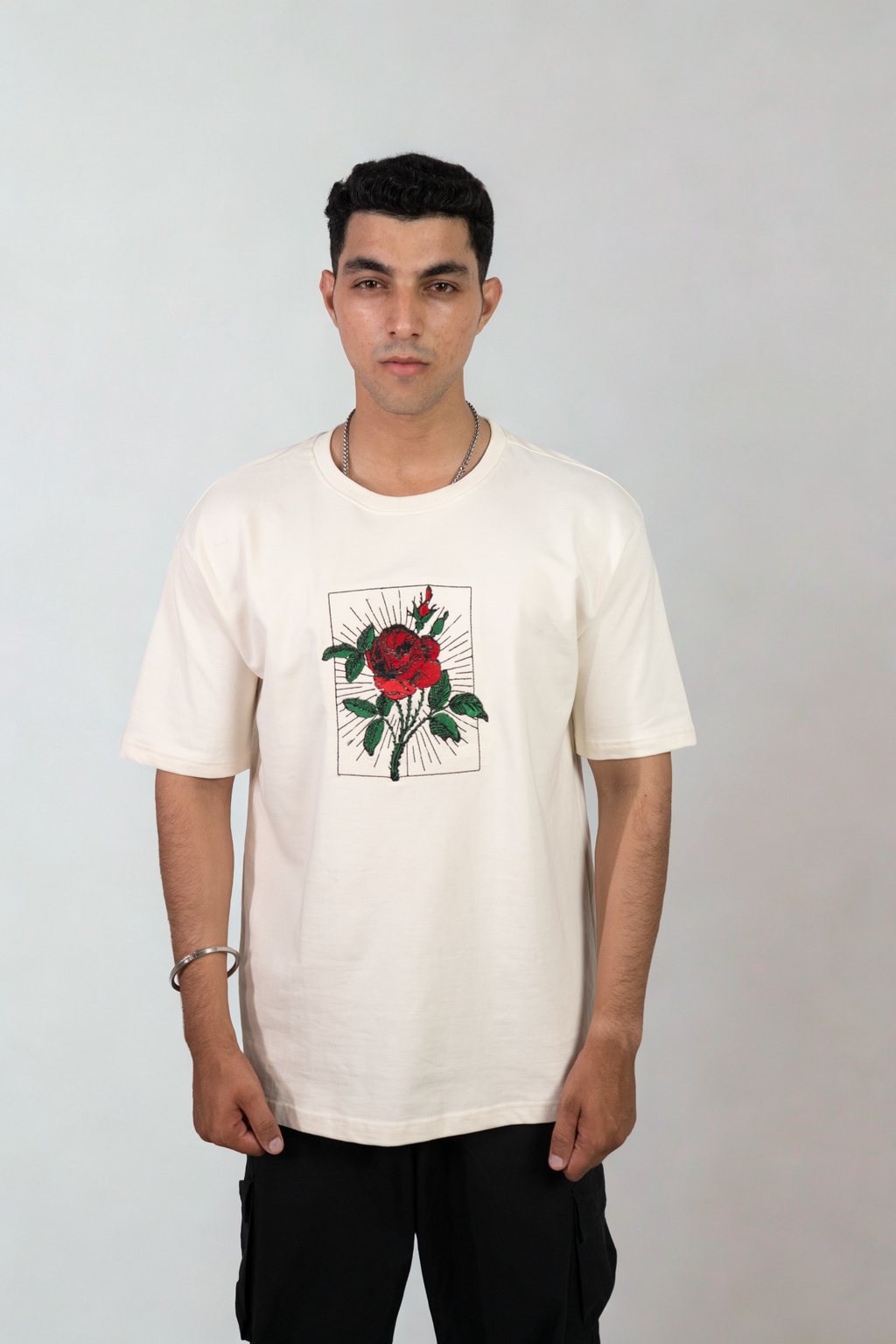 Crimson Bloom Embroidered Over Size T-shirt (Unisex)