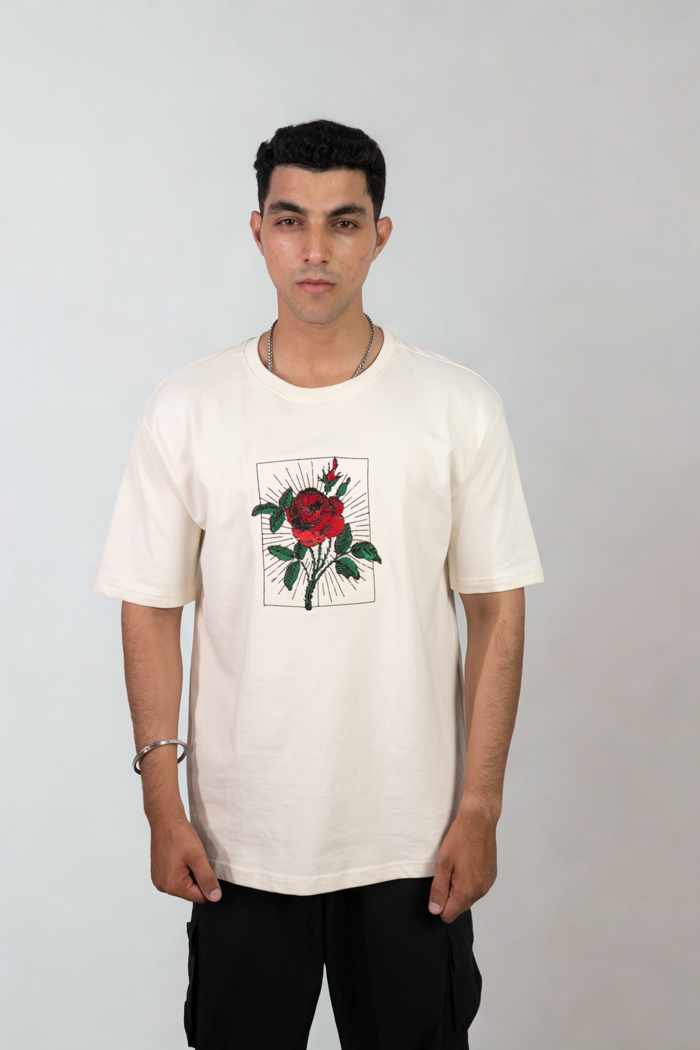 Crimson Bloom Embroidered Over Size T-shirt (Unisex)