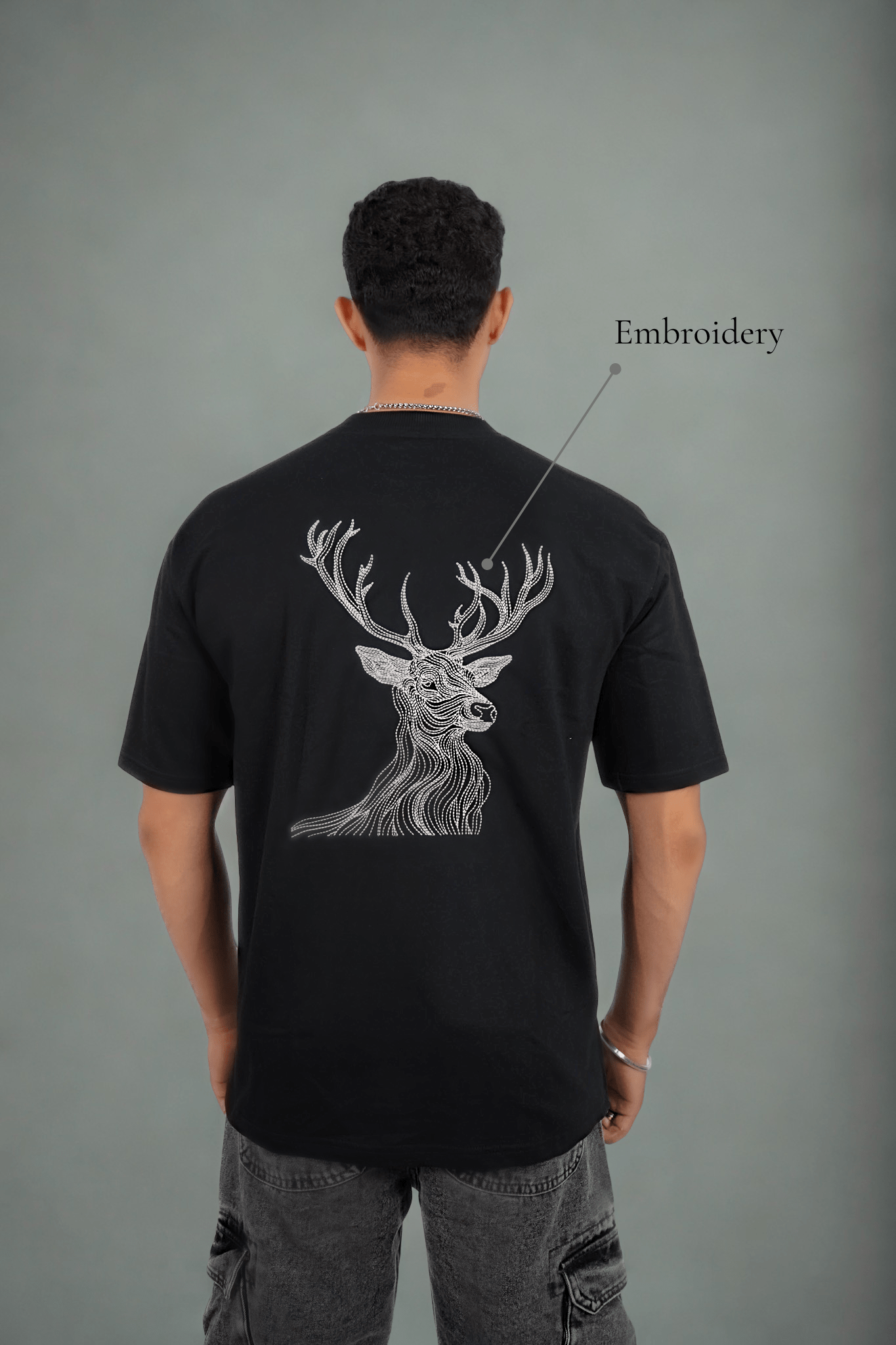 Silent Stag Embroidered Over Size Black T-shirt (Unisex) - Albin FashionT-shirtAlbin Fashion