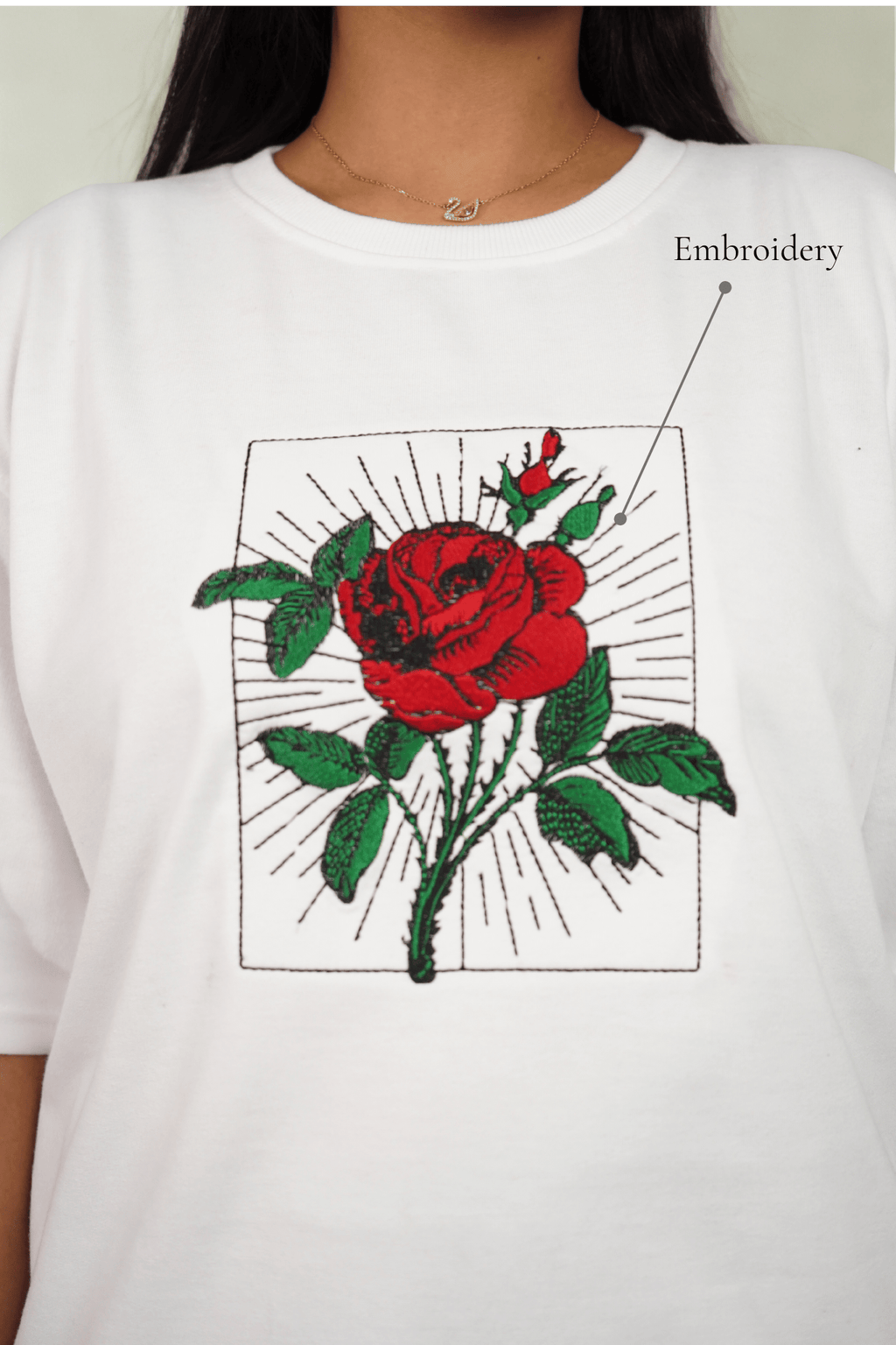 Crimson Bloom Embroidered Over Size White T-shirt (Unisex) - Albin FashionT-shirtAlbin Fashion