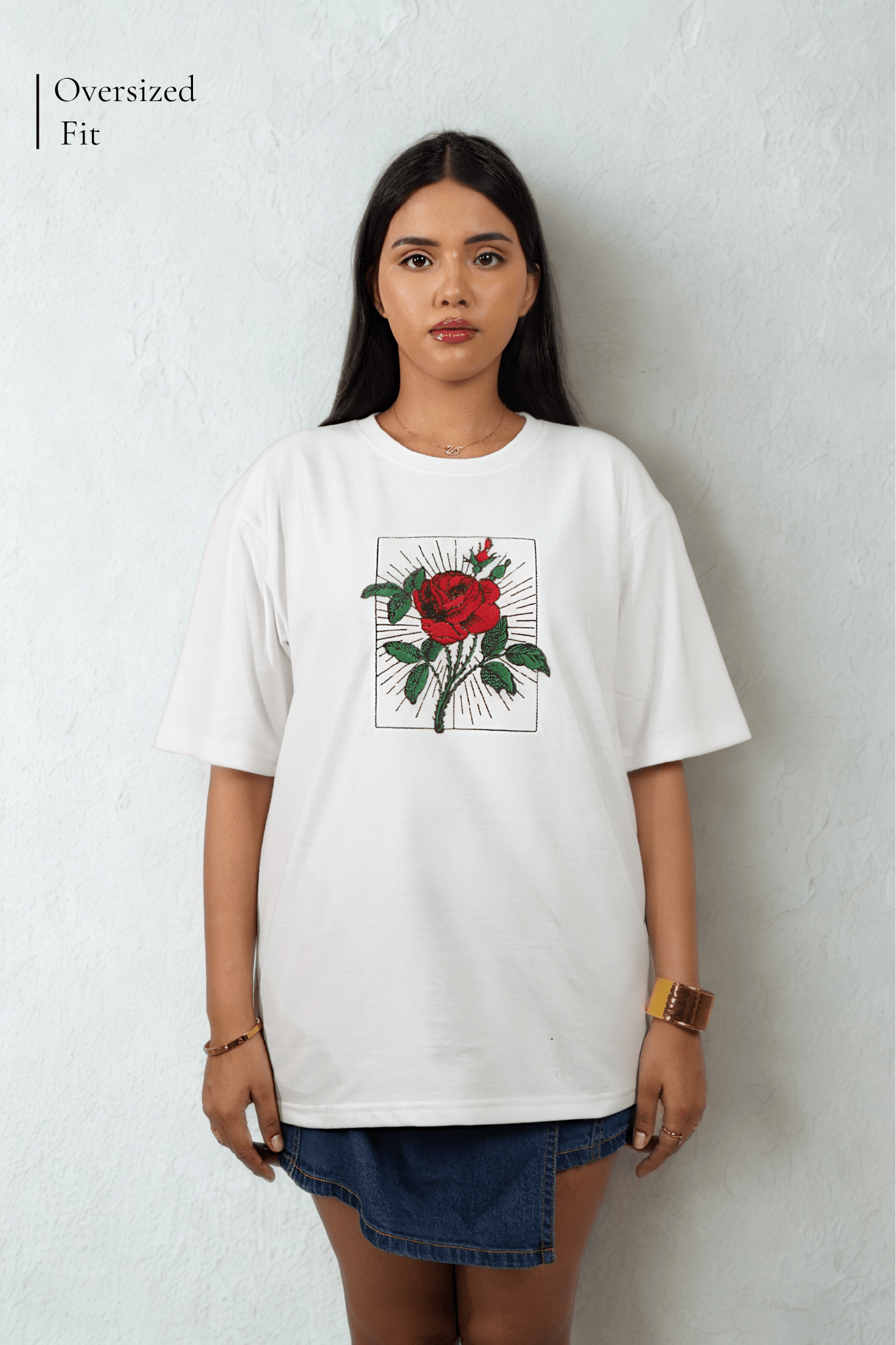 Crimson Bloom Embroidered Over Size White T-shirt (Unisex) - Albin FashionT-shirtAlbin Fashion